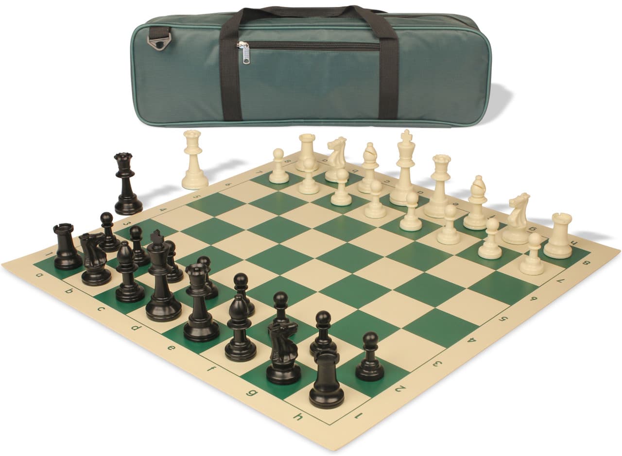 Tournament roll-up chess board with Staunton pieces and a canvas carry-all bag