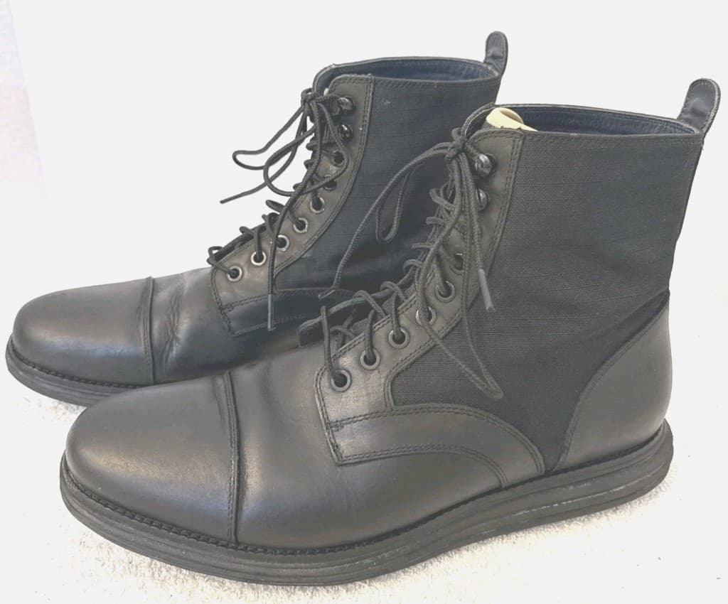 Black Cole Haan Lunargrand boots, leather and fabric with a ridged sneaker sole